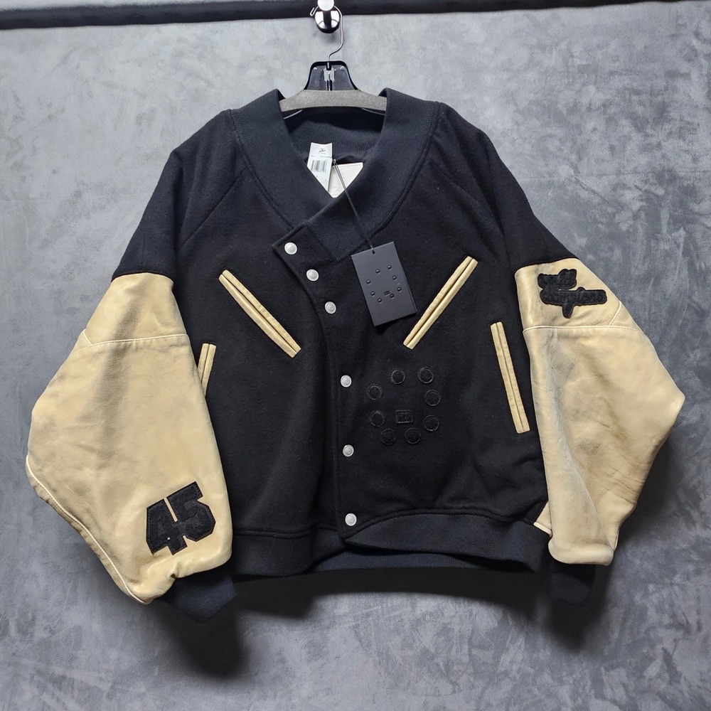 EZR Brand Upside Down Bomber Jacket Black Lambskin Wool‎ Varsity Marseille L NEW